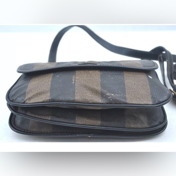Authentic FENDI Pequin Shoulder Cross Body Bag PVC Leather Brown Black - Picture 4 of 13